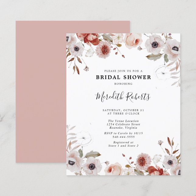 Papier Budget Blush Marsala Floral Fête des mariées Invit (Devant / Derrière)