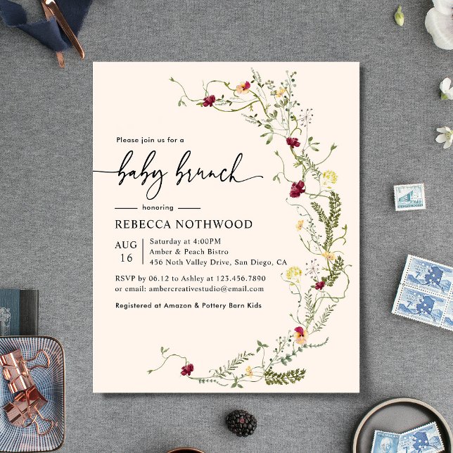 Papier Budget Blush Pink Florals Baby Brunch Invitation (Créateur téléchargé)
