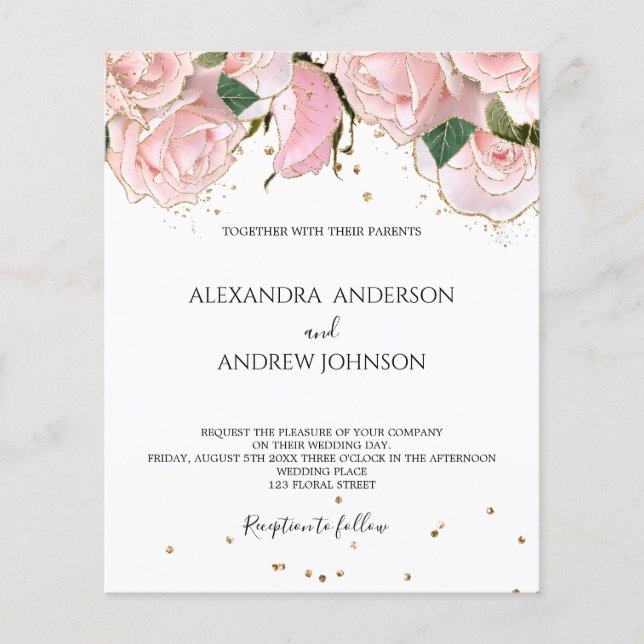 Papier Budget Blush Pink Gold Floral Faire-part de mariag (Devant)