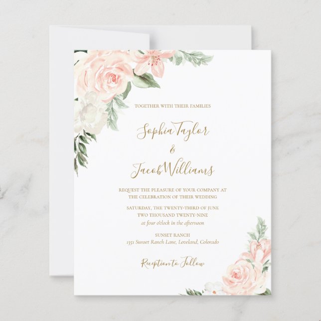 Papier Budget Blush Pink Gold Floral Faire-part de mariag (Devant)