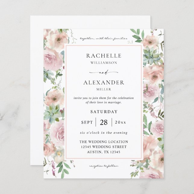 Papier Budget Blush rose Floral & Mariage Succulent 2 (Devant / Derrière)