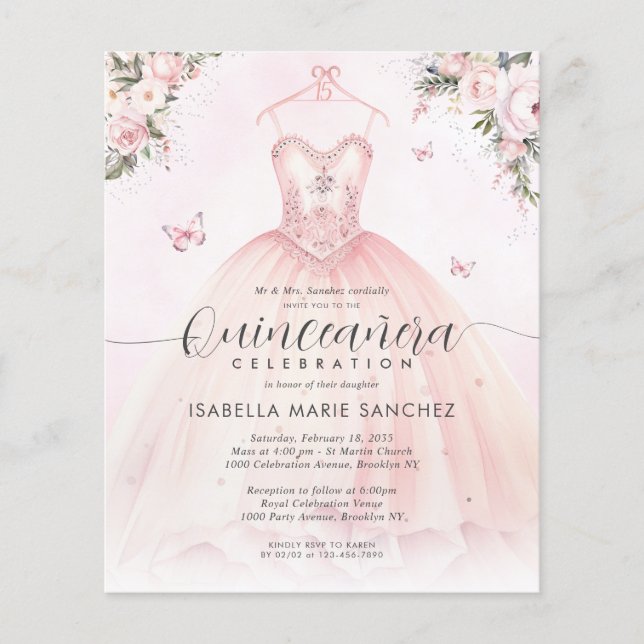 Papier Budget Blush rose Floral Princesse Gown Quinceaner (Devant)