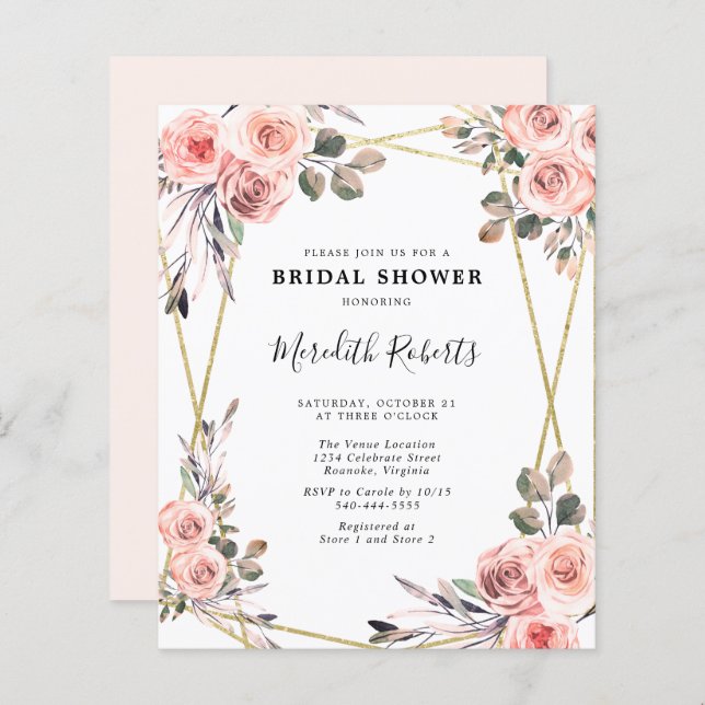 Papier Budget Blush Rose Roses Bridal Douche Invitation (Devant / Derrière)