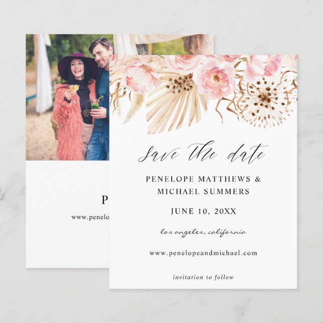 Papier Budget Bohemain rose Floral Enregistrer la date Ph (Devant / Derrière)
