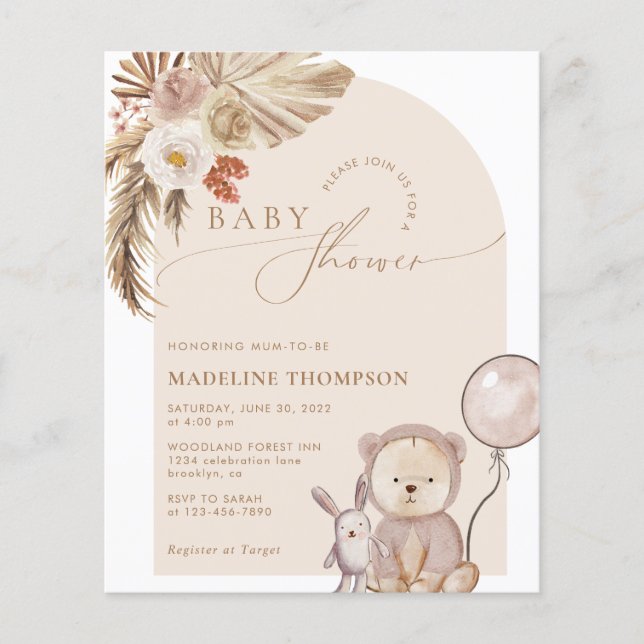 Papier Budget Bohemian Script Bear Baby shower Pampas (Devant)