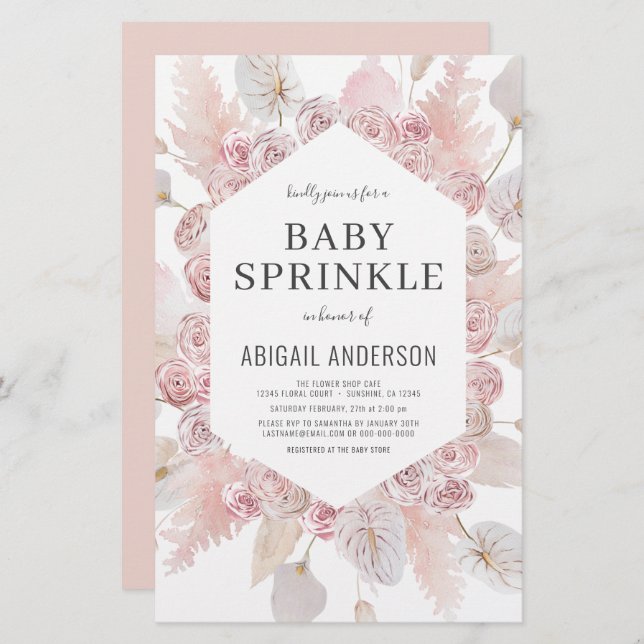 Papier Budget Boho Baby Sprinkt Blush Pink Invitation (Devant / Derrière)
