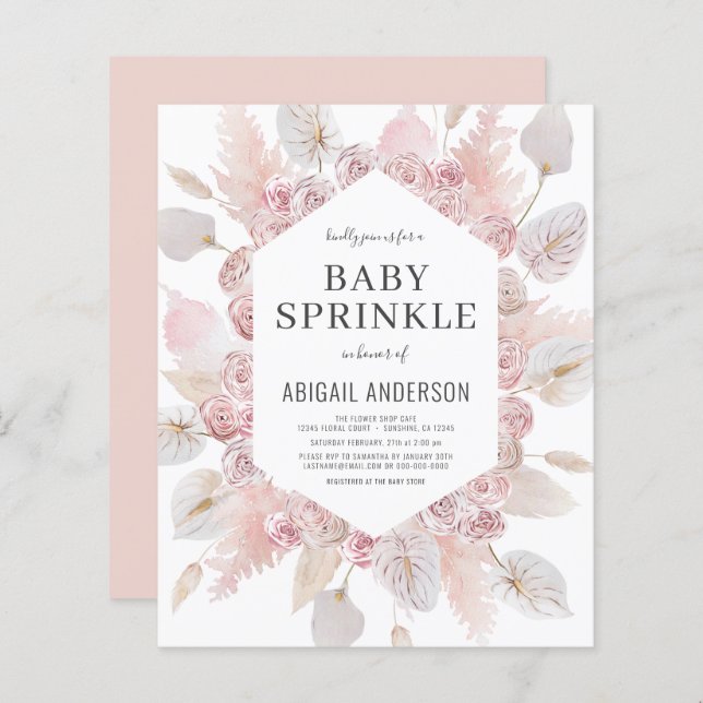 Papier Budget Boho Baby Sprinkt Blush Pink Invitation (Devant / Derrière)