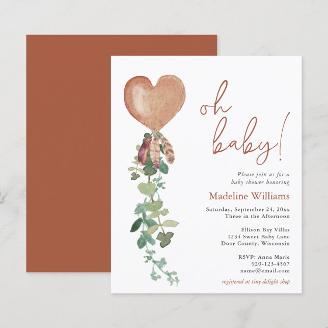 Papier BUDGET Boho Balloon Invitation Baby shower de verd (Devant / Derrière)