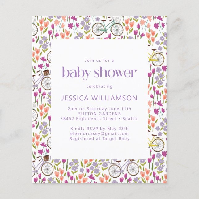 Papier Budget Boho Bicycle Floral Baby shower Invitation (Devant)