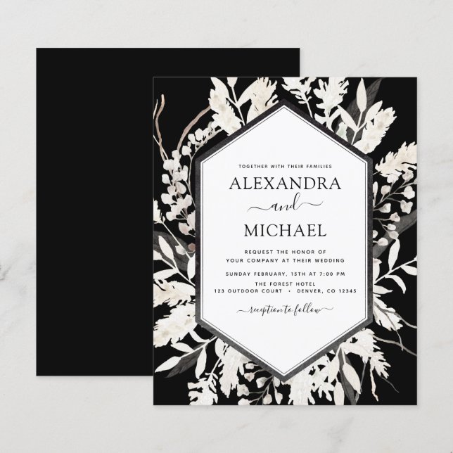 Papier Budget Boho Black Botanical Faire-part de mariage (Devant / Derrière)