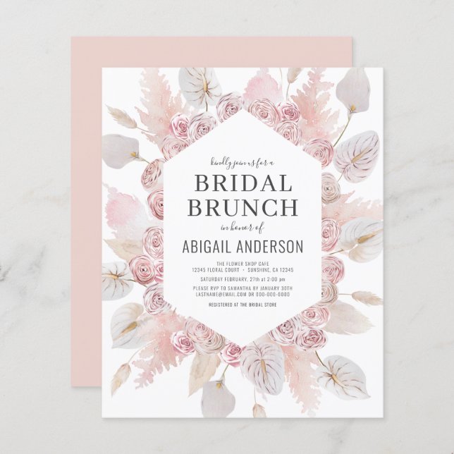 Papier Budget Boho Blush rose Bridal Brunch Invitation (Devant / Derrière)
