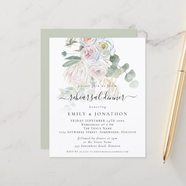 Papier Budget Boho Botaniques Répétition Dîner Invitation (Devant/Arrière en situation)