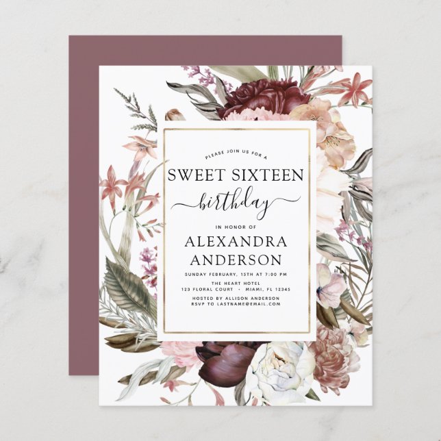 Papier Budget Boho Burgundy Sweet 16 Anniversaire Invitat (Devant / Derrière)