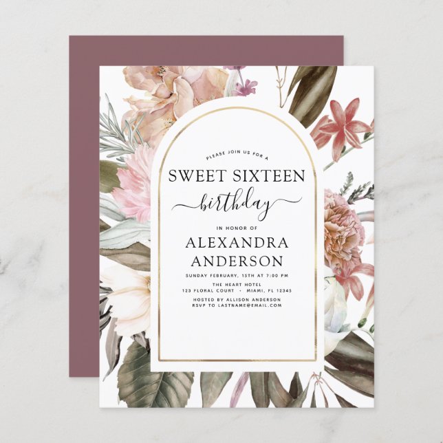Papier Budget Boho Burgundy Sweet 16 Anniversaire Invitat (Devant / Derrière)