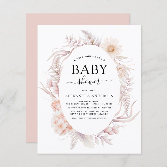 Papier Budget Boho Chic Dusty Baby shower du désert rose (Devant / Derrière)