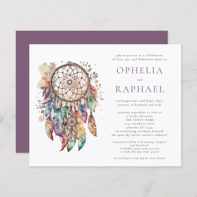 Papier Budget Boho Coloré Dreamcatcher Mariage violet (Devant / Derrière)
