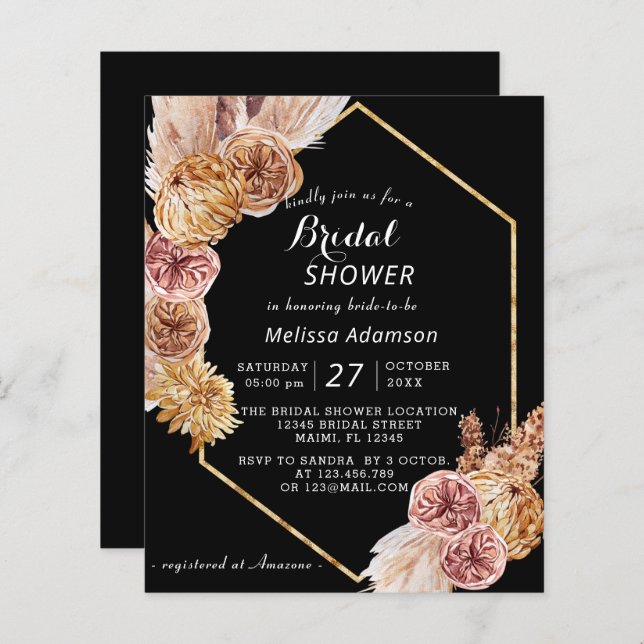 Papier Budget Boho Desert Black Bridal Shower Invitation (Devant / Derrière)