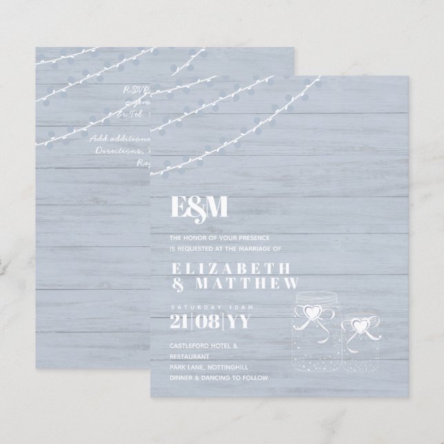 Papier BUDGET BOHO Dusty Blue Driftwood MasonJars Mariage (Devant / Derrière)