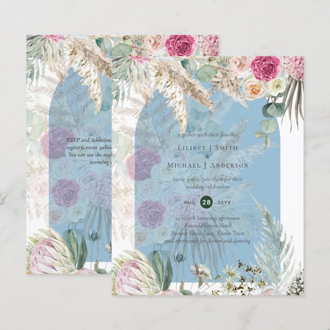 Papier BUDGET BOHO Dusty Blue Floral Pampas Grass Mariage (Devant / Derrière)