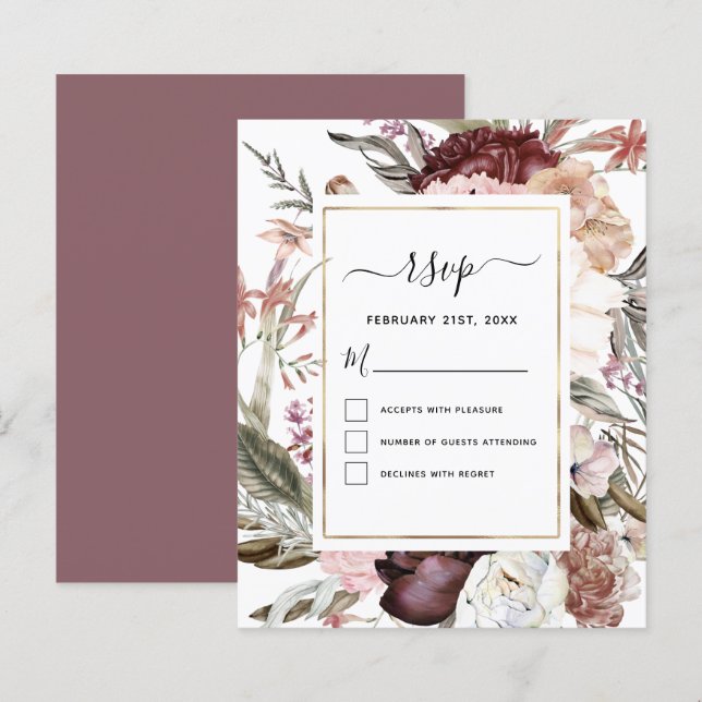 Papier Budget Boho Dusty Rose Bourgogne Mariage RSVP (Devant / Derrière)