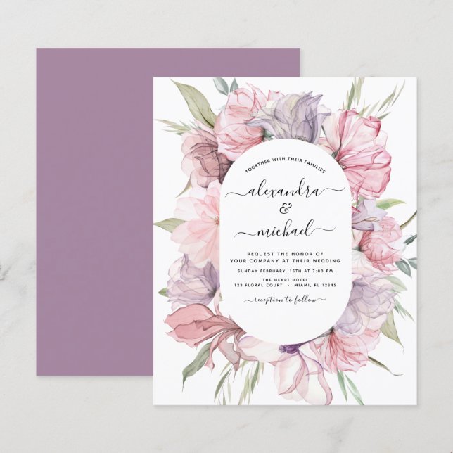 Papier Budget Boho Dusty rose violet Faire-part de mariag (Devant / Derrière)