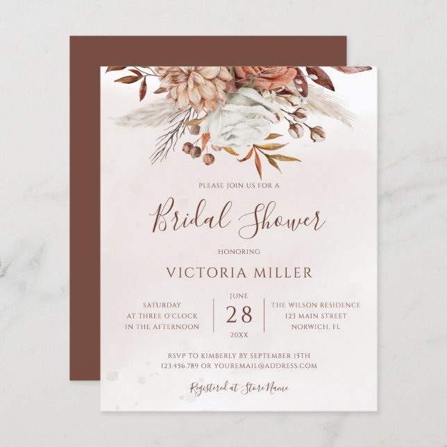 Papier Budget Boho Fall Floral Bridal Shower Invitation (Devant / Derrière)