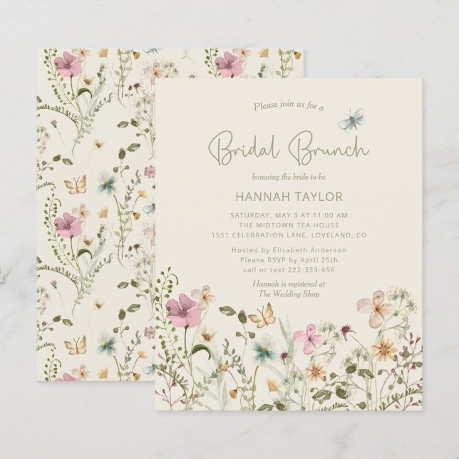 Papier Budget Boho Fleur sauvage Invitation de Brunch de  (Devant / Derrière)