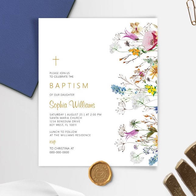 Papier Budget Boho Fleurs sauvages Baptême Invitation (Créateur téléchargé)