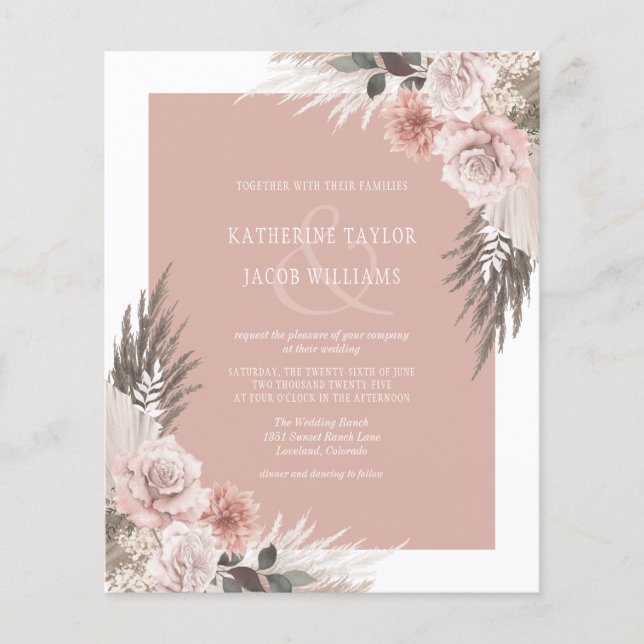 Papier Budget Boho Floral Blush Pink Faire-part de mariag (Devant)