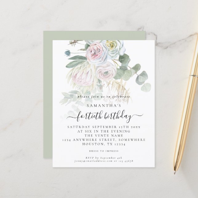 Papier Budget Boho Floral Eucalyptus 40e anniversaire Inv (Devant/Arrière en situation)