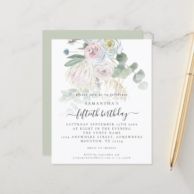 Papier Budget Boho Floral Eucalyptus Invitation de 50e an (Devant/Arrière en situation)