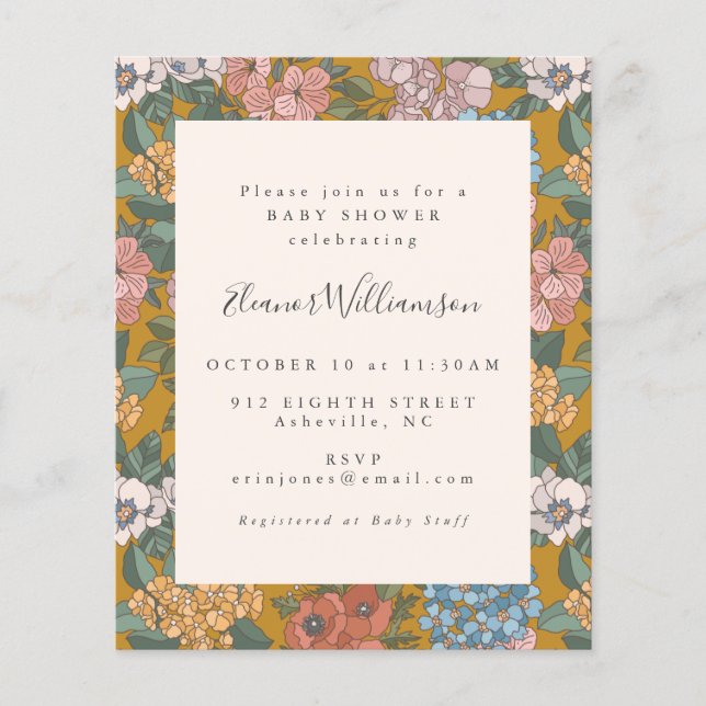 Papier Budget Boho Floral Jaune Baby shower Invitation (Devant)