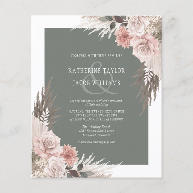 Papier Budget Boho Floral Sage Green Faire-part de mariag (Devant)