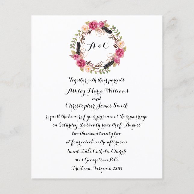 Papier Budget Boho Floral Wedding Invite Greenery (Devant)