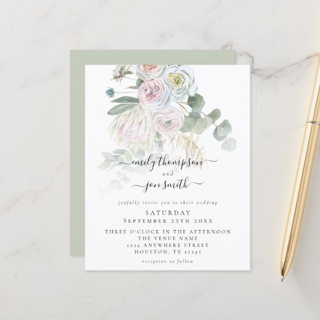 Papier Budget Boho Florals Eucalyptus Faire-part de maria (Devant/Arrière en situation)