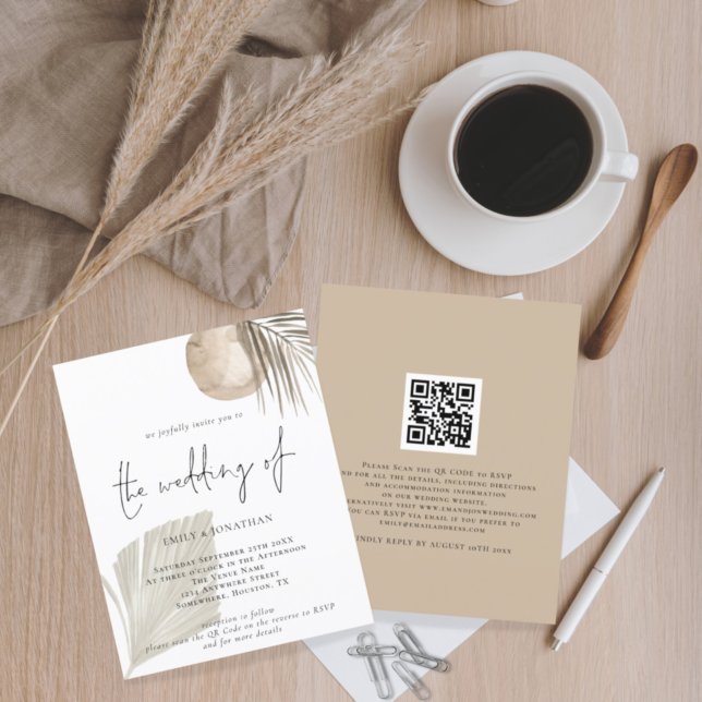 Papier Budget Boho Gris Beige QR Code Faire-part de maria (Créateur téléchargé)