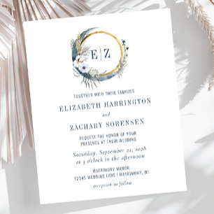 Papier Budget Boho Moon bleu Monogramme Faire-part de mar