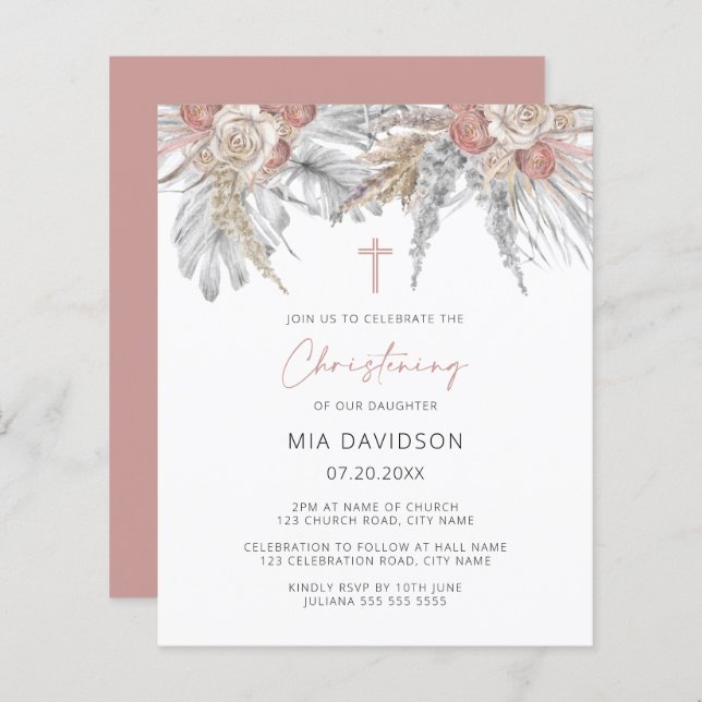 Papier Budget Boho Palm Pampas rose Christening Invitatio (Devant / Derrière)
