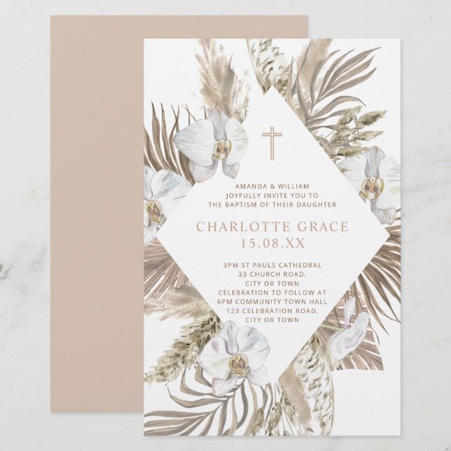 Papier Budget Boho Pampas Floral Baptism rose Tan Invitat (Devant / Derrière)