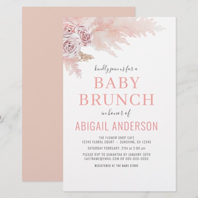 Papier Budget Boho Pampas Grass Baby Brunch Invitation (Devant / Derrière)