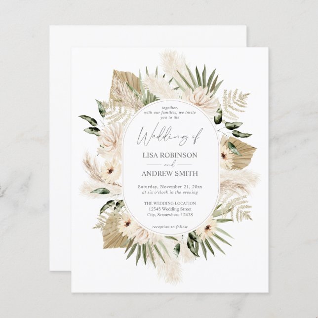 Papier Budget Boho Pampas Grass & Beige Floral Mariage (Devant / Derrière)