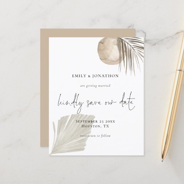 Papier Budget Boho Pampas Grass Script Enregistrer la dat (Devant/Arrière en situation)