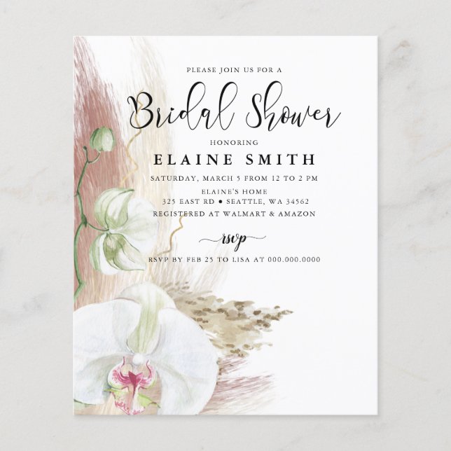 Papier Budget Boho Pampas Orchidée Bridal Show Invitation (Devant)