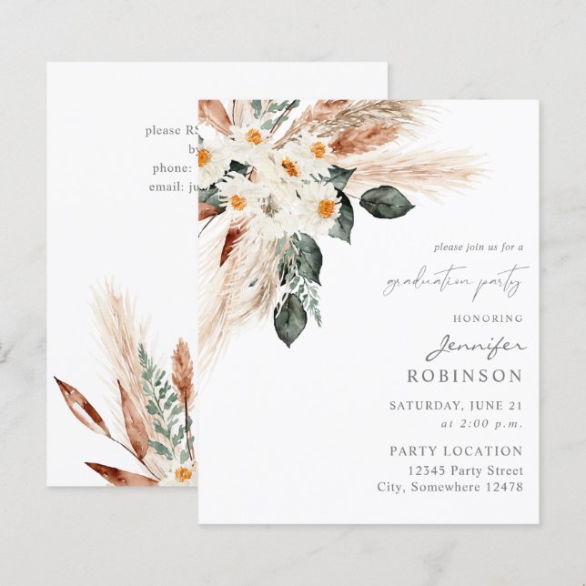 Papier Budget Boho Pampas Pampas Floral Graduation Party (Devant / Derrière)
