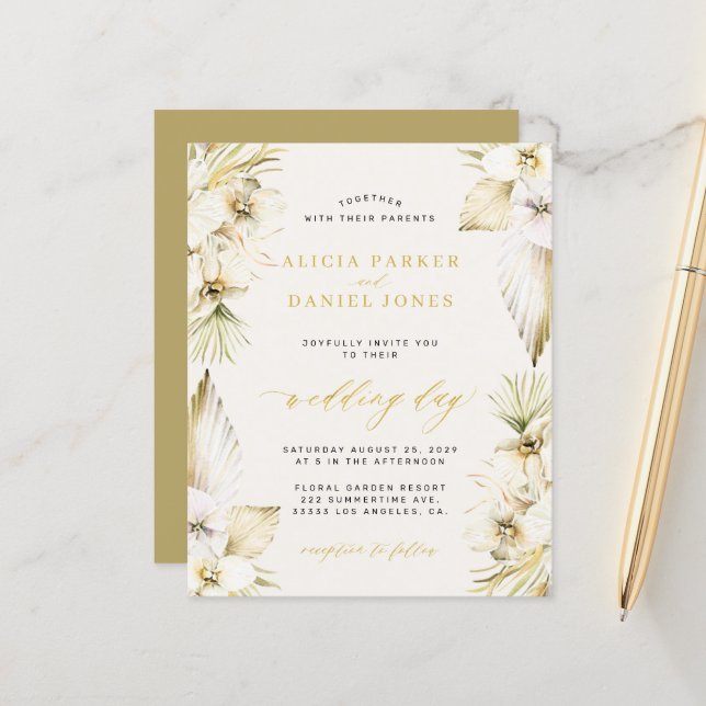 Papier Budget boho pampas tropicale faire-part de mariage (Devant/Arrière en situation)