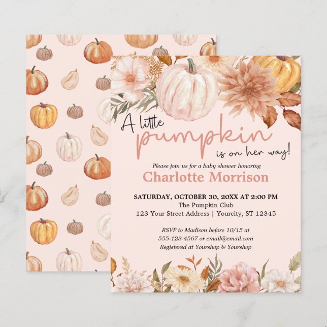 Papier Budget Boho rose Citrouille fille Invitation Baby  (Devant / Derrière)
