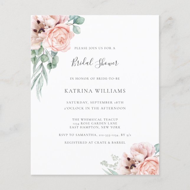 Papier Budget Boho rose Floral Bridal Shower Invitation (Devant)