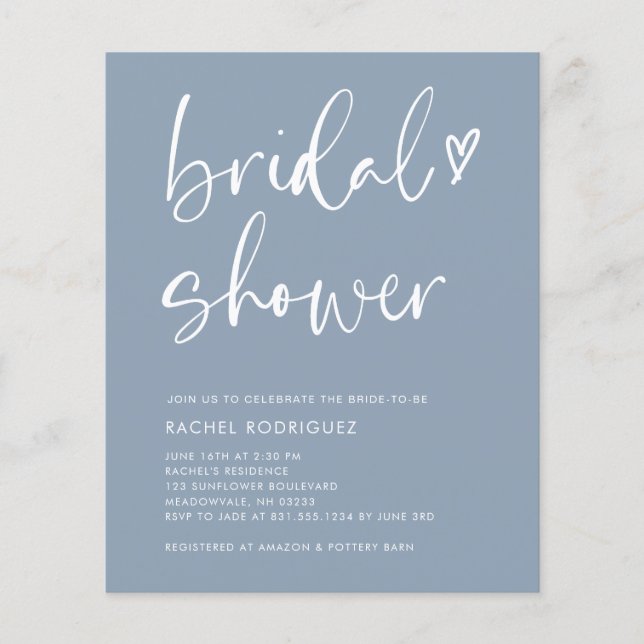 Papier Budget Boho Script Dusty Blue Fête des mariées Inv (Devant)