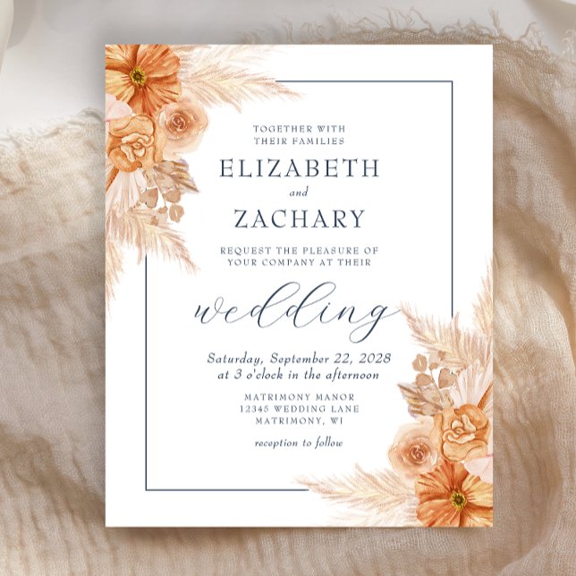 Papier Budget Boho séché Floral Navy Blue Wedding Invitat (Créateur téléchargé)