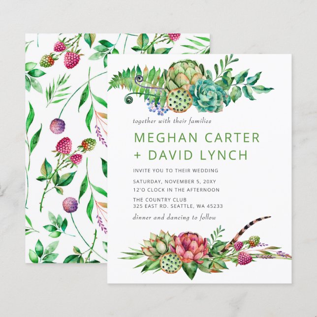 Papier Budget Boho Succulent Cactus Faire-part de mariage (Devant / Derrière)